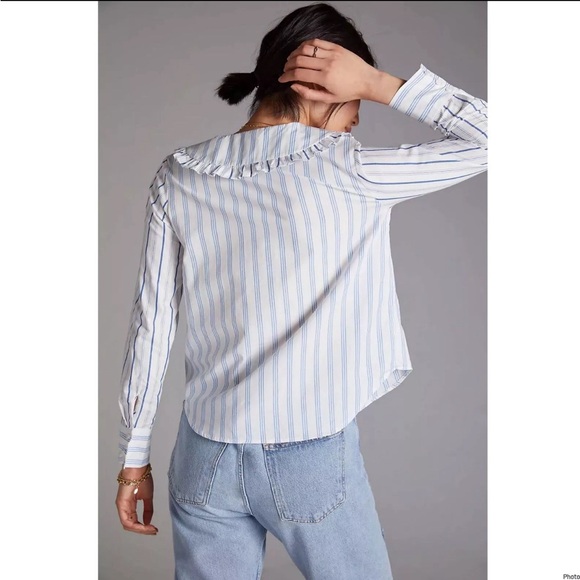 Anthropologie / Maeve / Ruffled Collar Striped Buttondown Blouse Top / size 14 - Picture 3 of 12